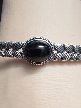 925 Sterling Silver Black Onyx Leaf Cuff Bracelet 11g Open Bangle